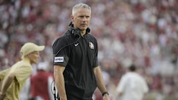 Aug 30, 2025; Tallahassee, Florida, USA; Florida State Seminoles head coach Mike Norvell reacts after a play against the Alabama Crimson Tide during the second half at Doak S. Campbell Stadium. Mandatory Credit: Melina Myers-Imagn Images