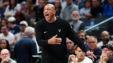 Oct 17, 2024; Dallas, Texas, USA; Milwaukee Bucks head coach Doc Rivers reacts during the first half against the Dallas Mavericks at American Airlines Center. Mandatory Credit: Kevin Jairaj-Imagn Images