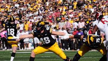 Iowa Hawkeyes place kicker Drew Stevens (18) makes a field goal against the Indiana Hoosiers Sept. 27, 2025 at Kinnick Stadium in Iowa City, Iowa.