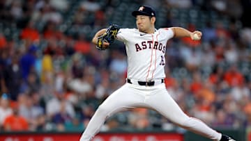 Sep 25, 2024; Houston, Texas, USA; Houston Astros starting pitcher Yusei Kikuchi (16) delivers a pitch against the Seattle Mariners during the first inning at Minute Maid Park. 