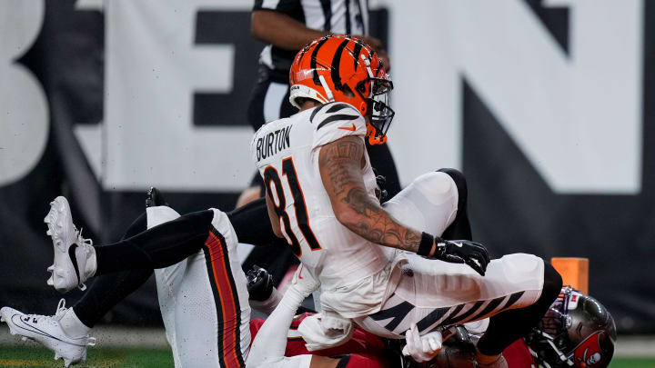 Cincinnati Bengals wide receiver Jermaine Burton (81) comes down in the end zone for a touchdown in the fourth quarter of the NFL Preseason Week 1 game between the Cincinnati Bengals and the Tampa Bay Buccaneers at Paycor Stadium in downtown Cincinnati on Saturday, Aug. 10, 2024. The Tampa Bay Buccaneers beat the Bengals 17-14.