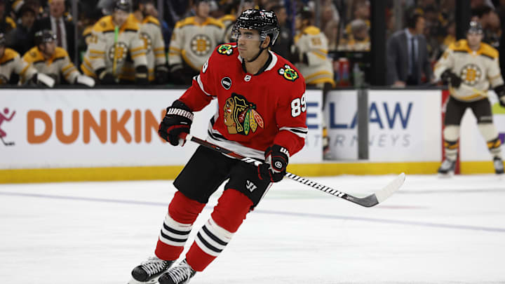 Oct 11, 2023; Boston, Massachusetts, USA; Chicago Blackhawks center Andreas Athanasiou (89) during the first period against the Boston Bruins at TD Garden. Mandatory Credit: Winslow Townson-Imagn Images Oct 11, 2023; Boston, Massachusetts, USA; Chicago Blackhawks center Andreas Athanasiou (89) during the first period against the Boston Bruins at TD Garden. Mandatory Credit: Winslow Townson-Imagn Images