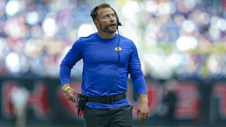 Aug 24, 2024; Houston, Texas, USA; Los Angeles Rams head coach Sean McVay on the sideline during the first quarter against the Houston Texans at NRG Stadium. Mandatory Credit: Troy Taormina-Imagn Images