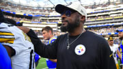 Oct 22, 2023; Inglewood, California, USA; Pittsburgh Steelers head coach Mike Tomlin celebrates the victory against the Los Angeles Rams at SoFi Stadium. Mandatory Credit: Gary A. Vasquez-USA TODAY Sports