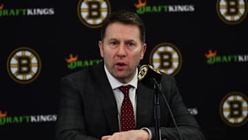 Jan 7, 2025; Boston, Massachusetts, USA;  Boston Bruins head coach Joe Sacco speaks to the media after losing to the Edmonton Oilers at TD Garden. Mandatory Credit: Bob DeChiara-Imagn Images