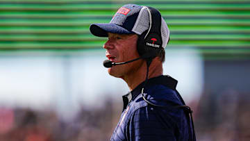 Aug 30, 2025; East Hartford, Connecticut, USA; Connecticut Huskies head coach Jim Mora watches from the sideline as they take on the Central Connecticut State Blue Devils at Pratt & Whitney Stadium at Rentschler Field. Mandatory Credit: David Butler II-Imagn Images