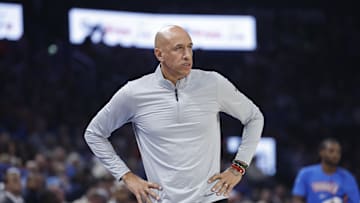 Oct 28, 2025; Oklahoma City, Oklahoma, USA; Sacramento Kings head coach Doug Christie watches his team play against the Oklahoma City Thunder during the second quarter at Paycom Center. Mandatory Credit: Alonzo Adams-Imagn Images