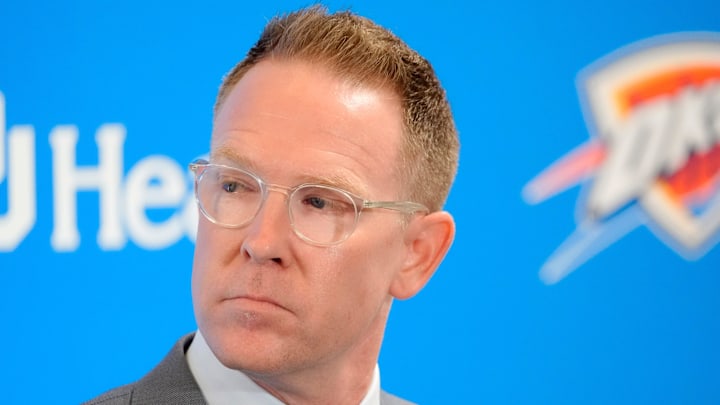 Thunder general manager Sam Presti speaks during an introductory press conference for the 2024 Thunder draft picks at Oklahoma Contemporary Arts Center in Oklahoma City, Saturday, June, 29, 2024.