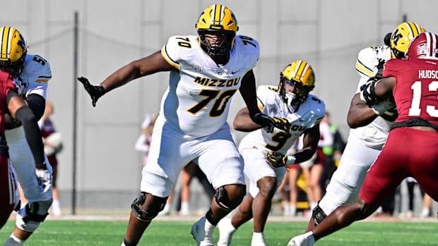 Missouri Tigers offensive lineman Cayden Green (70) in action during the second half against the Massachusetts Minutemen.
