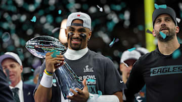 Feb 9, 2025; New Orleans, LA, USA; Philadelphia Eagles quarterback Jalen Hurts (1) celebrates with head coach Nick Sirianni after winning against Kansas City Chiefs in Super Bowl LIX at Caesars Superdome. Mandatory Credit: Geoff Burke-Imagn Images
