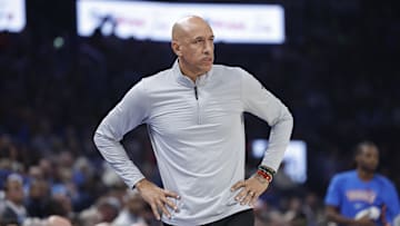 Oct 28, 2025; Oklahoma City, Oklahoma, USA; Sacramento Kings head coach Doug Christie watches his team play against the Oklahoma City Thunder during the second quarter at Paycom Center. Mandatory Credit: Alonzo Adams-Imagn Images