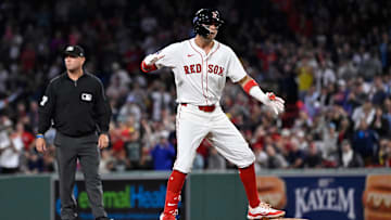 Jul 10, 2025; Boston, Massachusetts, USA; Boston Red Sox third baseman Marcelo Mayer (39) reacts to hitting a one run RBI against the Tampa Bay Rays during the seventh inning at Fenway Park. Mandatory Credit: Eric Canha-Imagn Images