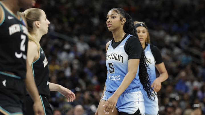 Jul 13, 2024; Chicago, Illinois, USA; Chicago Sky forward Angel Reese (5) walks on the court during the first half of a WNBA game against the New York Liberty at Wintrust Arena. Mandatory Credit: Kamil Krzaczynski-USA TODAY Sports