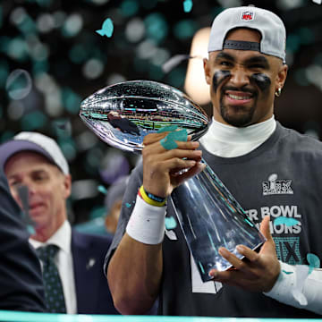 Feb 9, 2025; New Orleans, LA, USA; Philadelphia Eagles quarterback Jalen Hurts (1) celebrates with head coach Nick Sirianni after winning against Kansas City Chiefs in Super Bowl LIX at Caesars Superdome. Mandatory Credit: Geoff Burke-Imagn Images
