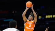 Mar 30, 2025; Indianapolis, IN, USA; Tennessee Volunteers guard Chaz Lanier (2) shoots the ball against the Houston Cougars in the first half during the Midwest Regional final of the 2025 NCAA tournament at Lucas Oil Stadium. Mandatory Credit: Robert Goddin-Imagn Images