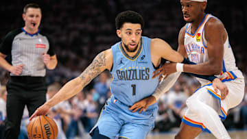 April 20, 2025; Oklahoma City, Oklahoma, USA; Scotty Pippen Jr. (1) being guarded by Shai Gilgeous-Alexander (2) during Game 1 of the 2025 NBA Western Conference First Round 