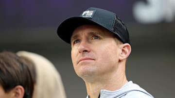 Jan 15, 2023; Minneapolis, Minnesota, USA; NFL former quarterback Drew Brees looks on before a wild card game between the Minnesota Vikings and the New York Giants at U.S. Bank Stadium. Mandatory Credit: Matt Krohn-Imagn Images