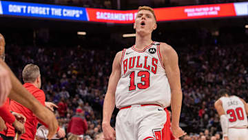 Mar 20, 2025; Sacramento, California, USA; Chicago Bulls guard Kevin Huerter (13) reacts after making a three-point shot during the fourth quarter of the game against the Sacramento Kings at Golden 1 Center. Mandatory Credit: Ed Szczepanski-Imagn Images