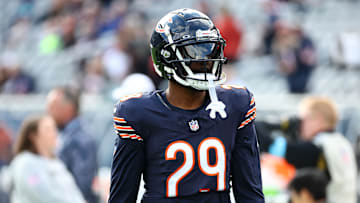 Nov 10, 2024; Chicago, Illinois, USA;Chicago Bears cornerback Tyrique Stevenson (29) practices before the game against the New England Patriots at Soldier Field. Mandatory Credit: Mike Dinovo-Imagn Images