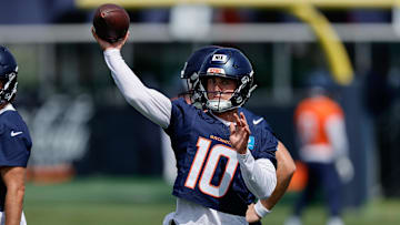 Jul 24, 2025; Englewood, CO, USA; Denver Broncos quarterback Bo Nix (10) during Denver Broncos Training Camp. Mandatory Credit: Isaiah J. Downing-Imagn Images
