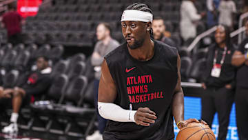 Mar 14, 2025; Atlanta, Georgia, USA; Atlanta Hawks guard Caris LeVert (3) warms up on the court prior to the game against the LA Clippers at State Farm Arena. Mandatory Credit: Dale Zanine-Imagn Images