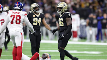 Oct 5, 2025; New Orleans, Louisiana, USA; New Orleans Saints defensive end Carl Granderson (96) reacts after a play against the New York Giants during the second half at Caesars Superdome. Mandatory Credit: Stephen Lew-Imagn Images