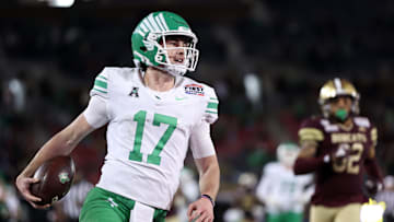 Jan 3, 2025; Dallas, TX, USA; North Texas Mean Green quarterback Drew Mestemaker (17) scores a touchdown against the Texas State Bobcats during the fourth quarter at Gerald J. Ford Stadium. Mandatory Credit: Tim Heitman-Imagn Images