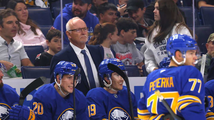 Sep 21, 2024; Buffalo, New York, USA; Buffalo Sabres head coach Lindy Ruff watches his team from the bench during the first period against the Pittsburgh Penguins at KeyBank Center. Mandatory Credit: Timothy T. Ludwig-Imagn Images Sep 21, 2024; Buffalo, New York, USA; Buffalo Sabres head coach Lindy Ruff watches his team from the bench during the first period against the Pittsburgh Penguins at KeyBank Center. Mandatory Credit: Timothy T. Ludwig-Imagn Images