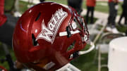 Oct 27, 2022; Pullman, Washington, USA; Washington State Cougars helmet sits during a game against the Utah Utes in the first half at Gesa Field at Martin Stadium. Mandatory Credit: James Snook-USA TODAY Sports