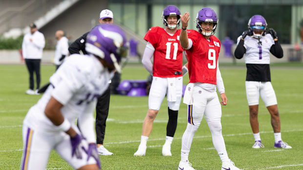 Vikings QBs Carson Wentz and J.J. McCarthy.