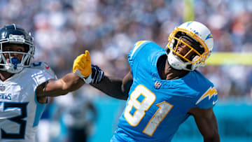 Los Angeles Chargers wide receiver Mike Williams (81) can't catch up to an overthrown pass while defended by Tennessee Titans cornerback Tre Avery (23) during their NFL game at Nissan Stadium Sunday afternoon, Sept. 17, 2023.