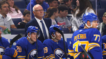 Sep 21, 2024; Buffalo, New York, USA;  Buffalo Sabres head coach Lindy Ruff watches his team from the bench during the first period against the Pittsburgh Penguins at KeyBank Center. Mandatory Credit: Timothy T. Ludwig-Imagn Images