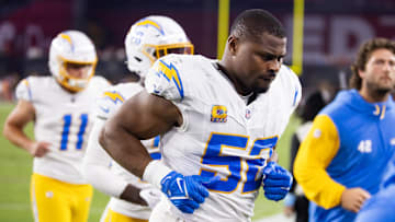 Oct 21, 2024; Glendale, Arizona, USA; Los Angeles Chargers linebacker Khalil Mack (52) against the Arizona Cardinals at State Farm Stadium. Mandatory Credit: Mark J. Rebilas-Imagn Images