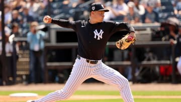 Mar 11, 2024; Tampa, Florida, USA;  New York Yankees pitcher Will Warren (98) throws a pitch during the first inning at George M. Steinbrenner Field.