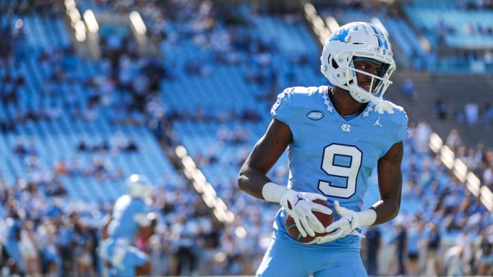 Oct 7, 2023; Chapel Hill, North Carolina, USA; North Carolina Tar Heels wide receiver Devontez Walker (9) warms up before the game against the Syracuse Orange at Kenan Memorial Stadium. Mandatory Credit: Jaylynn Nash-USA TODAY Sports