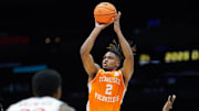 Mar 30, 2025; Indianapolis, IN, USA; Tennessee Volunteers guard Chaz Lanier (2) shoots the ball against the Houston Cougars in the first half during the Midwest Regional final of the 2025 NCAA tournament at Lucas Oil Stadium. Mandatory Credit: Robert Goddin-Imagn Images