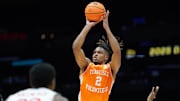 Mar 30, 2025; Indianapolis, IN, USA; Tennessee Volunteers guard Chaz Lanier (2) shoots the ball against the Houston Cougars in the first half during the Midwest Regional final of the 2025 NCAA tournament at Lucas Oil Stadium. Mandatory Credit: Robert Goddin-Imagn Images