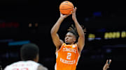 Mar 30, 2025; Indianapolis, IN, USA; Tennessee Volunteers guard Chaz Lanier (2) shoots the ball against the Houston Cougars in the first half during the Midwest Regional final of the 2025 NCAA tournament at Lucas Oil Stadium. Mandatory Credit: Robert Goddin-Imagn Images