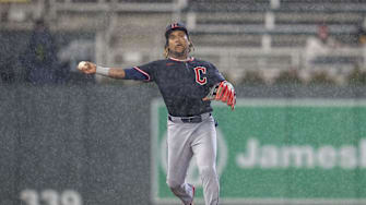 May 19, 2025; Minneapolis, Minnesota, USA; Cleveland Guardians third baseman Jose Ramirez (11) throws the ball to first base for an out against the Minnesota Twins in the third inning at Target Field. Mandatory Credit: Jesse Johnson-Imagn Images