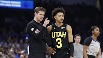 Dec 11, 2023; Oklahoma City, Oklahoma, USA; Utah Jazz head coach Will Hardy talks to guard Keyonte