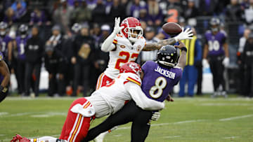 Jan 28, 2024; Baltimore, Maryland, USA; Baltimore Ravens quarterback Lamar Jackson (8) throws the ball around Kansas City Chiefs cornerback Trent McDuffie (22) while being sacked by Chiefs defensive tackle Chris Jones (95) during the first half in the AFC Championship football game at M&T Bank Stadium. Mandatory Credit: Geoff Burke-USA TODAY Sports