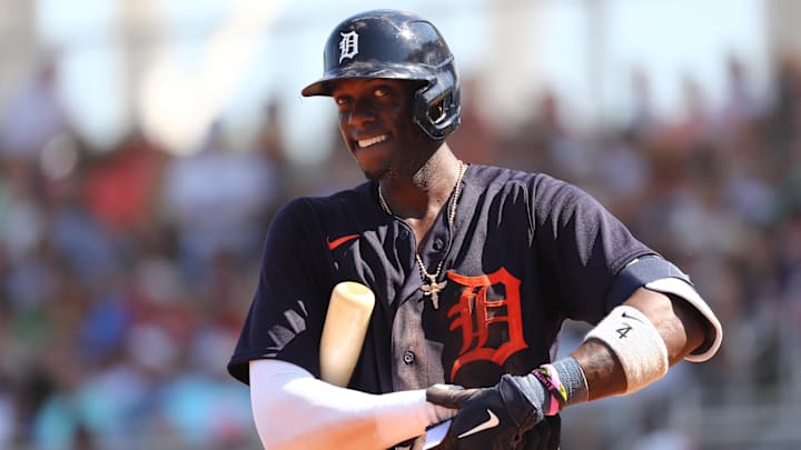 Mar 4, 2020; Fort Myers, Florida, USA;Detroit Tigers right fielder Cameron Maybin (4) looks on while at bat during the fifth inning against the Boston Red Sox  at JetBlue Park. Mandatory Credit: Kim Klement-Imagn Images