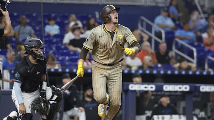 Aug 9, 2024; Miami, Florida, USA;  San Diego Padres center fielder Jackson Merrill (3) watches his home run against the Miami Marlins in the ninth inning at loanDepot Park. Mandatory Credit: Rhona Wise-USA TODAY Sports