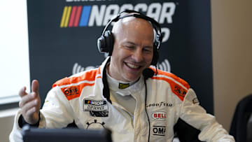 Feb 16, 2022; Daytona, FL, USA; Feb 16, 2022; Daytona, FL, USA; NASCAR Cup Series driver Jacques Villeneuve (27) talks to the press during Daytona 500 media day at Daytona International Speedway. Mandatory Credit:Mandatory Credit: Mike Dinovo-Imagn Images