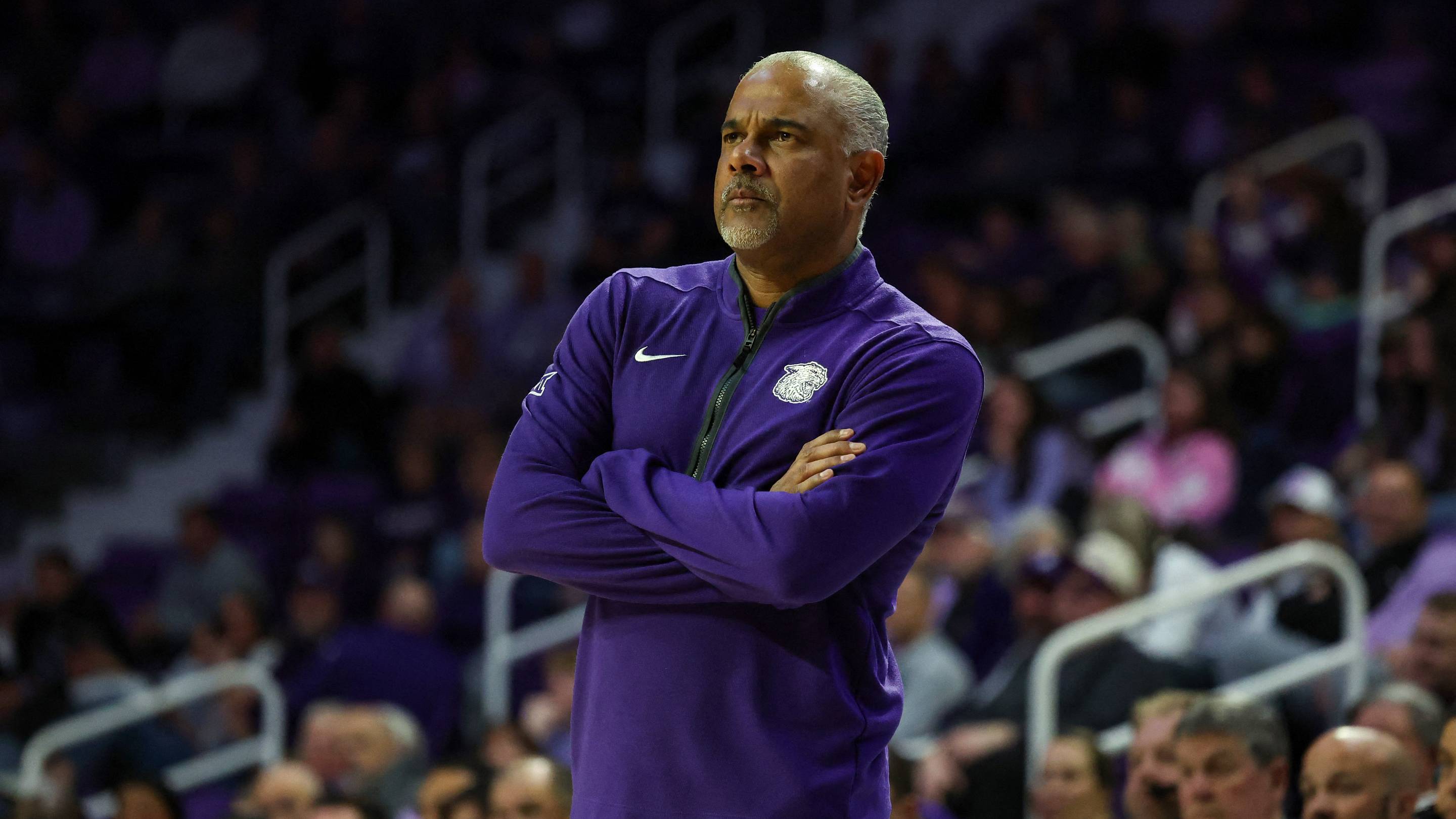 Feb 11, 2026; Manhattan, Kansas, USA; Kansas State Wildcats head coach Jerome Tang looks on during the first half against he Cincinnati Bearcats at Bramlage Coliseum. Mandatory Credit: Scott Sewell-Imagn Images | IMAGN IMAGES via Reuters Connect