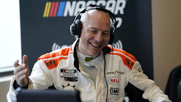 Feb 16, 2022; Daytona, FL, USA; Feb 16, 2022; Daytona, FL, USA; NASCAR Cup Series driver Jacques Villeneuve (27) talks to the press during Daytona 500 media day at Daytona International Speedway. Mandatory Credit:Mandatory Credit: Mike Dinovo-Imagn Images