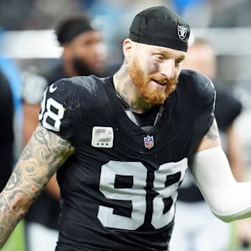 Dec 14, 2023; Paradise, Nevada, USA;  Las Vegas Raiders defensive end Maxx Crosby (98) smiles after the game against the Los Angeles Chargers at Allegiant Stadium. Mandatory Credit: Stephen R. Sylvanie-Imagn Images