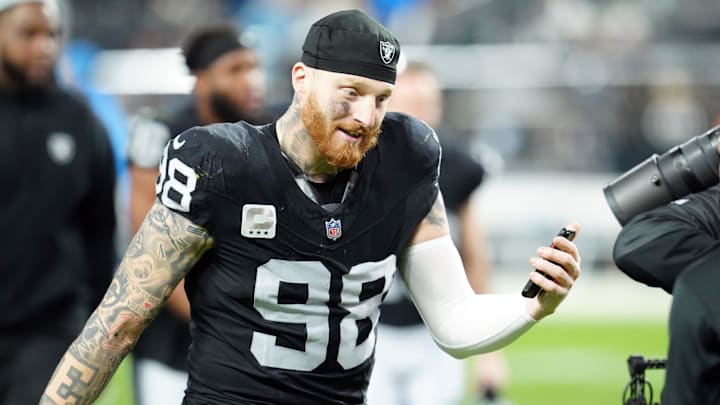 Dec 14, 2023; Paradise, Nevada, USA;  Las Vegas Raiders defensive end Maxx Crosby (98) smiles after the game against the Los Angeles Chargers at Allegiant Stadium. Mandatory Credit: Stephen R. Sylvanie-Imagn Images