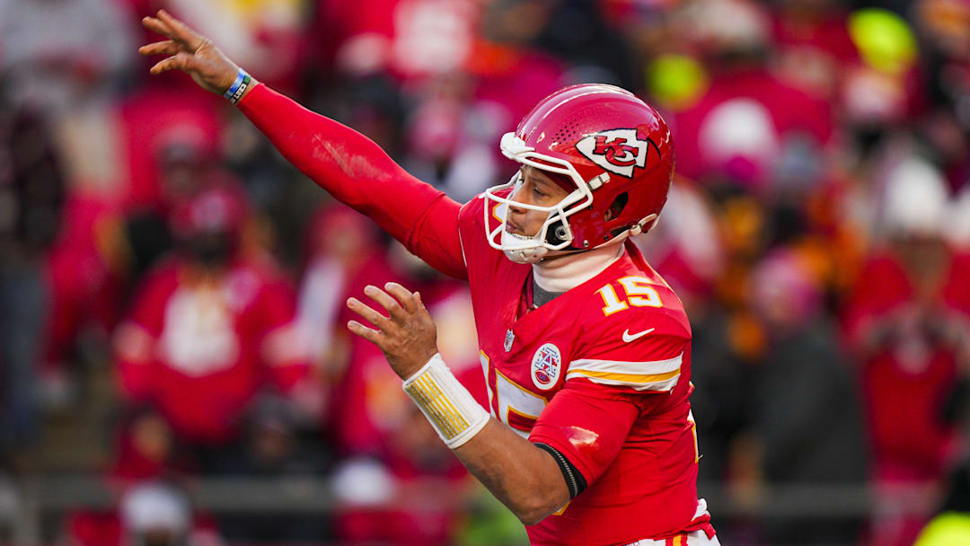 Dec 14, 2025; Kansas City, Missouri, USA; Kansas City Chiefs quarterback Patrick Mahomes (15) passes against the Los Angeles Chargers during the fourth quarter at GEHA Field at Arrowhead Stadium. Mandatory Credit: Jay Biggerstaff-Imagn Images