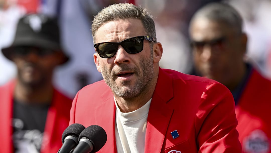 Sep 21, 2025; Foxborough, Massachusetts, USA; Former New England Patriots wide receiver Julian Edelman during halftime at Gillette Stadium. Mandatory Credit: Brian Fluharty-Imagn Images